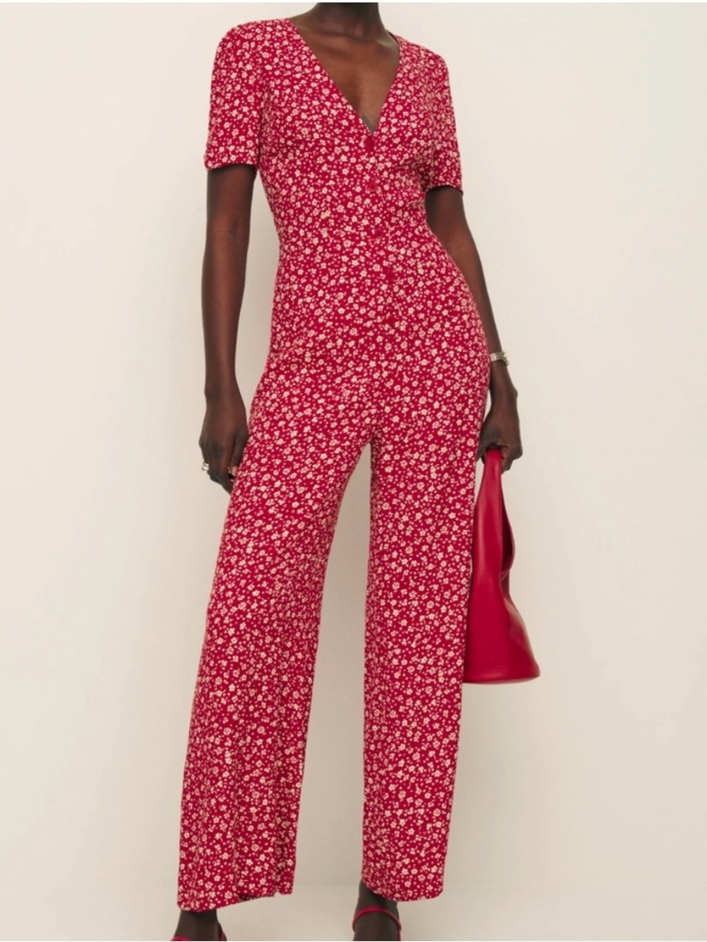 REFORMATION france jumpsuit red floral wide leg size 2